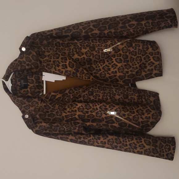 NWT Tahari Brown Faux Suede Leopard Print Moto Biker Jacket Size S - Picture 2 of 12